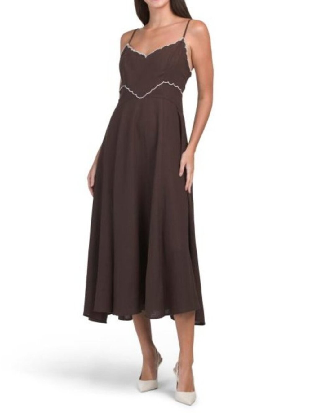 CAROLINE CONSTAS Linen Blend Sleeveless Midi Dress With Scalloped Embroidery